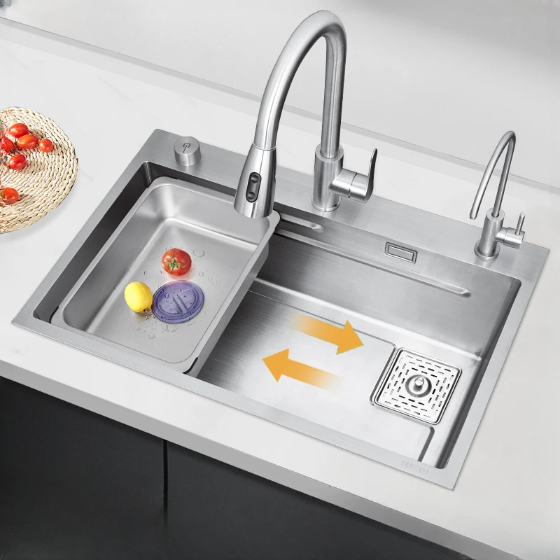 

Thickened brushed handmade SUS304 stainless steel sink with large single slot, lower platform, medium basin, kitchen