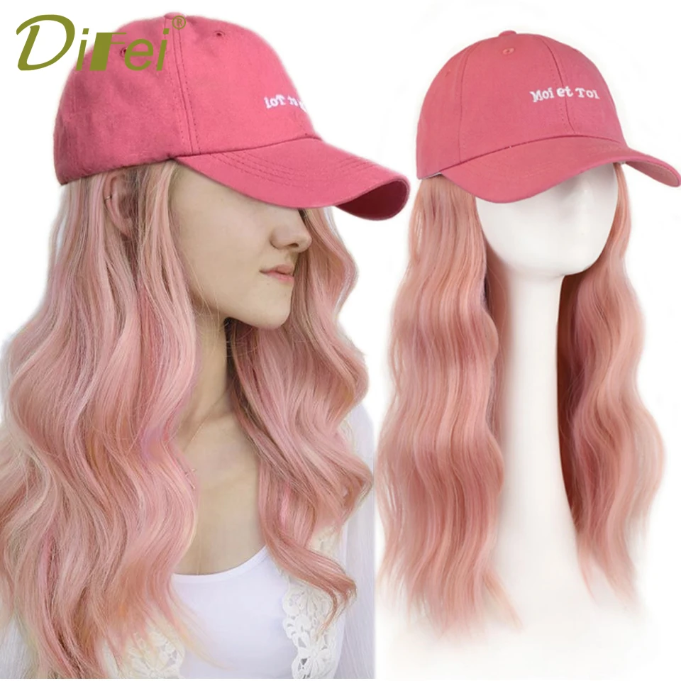 One Piece Synthetic Pink Hat Wig Long Water Wave Hair With Baseball Hat Adjustable Hat Wig Heat-resisting Fiber Natural Wig Cap