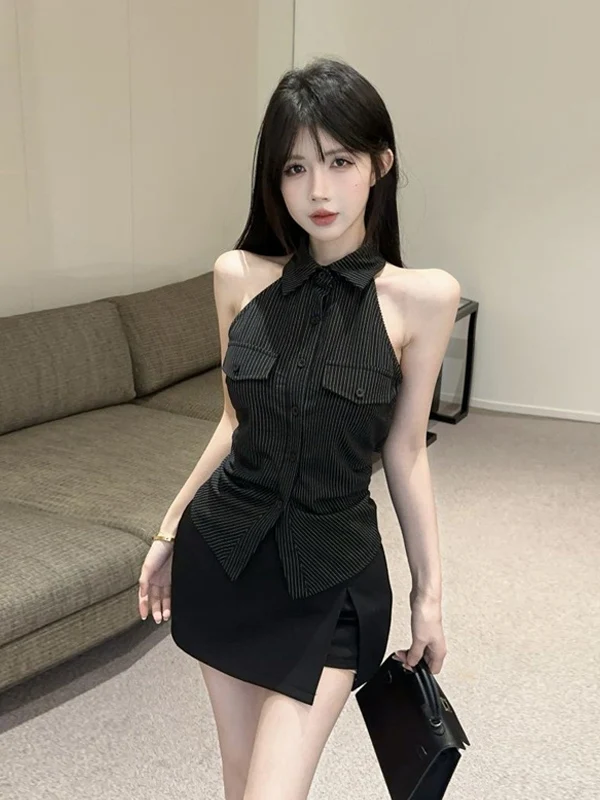 

Faionable Ne Striped Asymmetrical Vest Women's Svel Slim Fit irt Korean Sle Commute Polyester Fiber