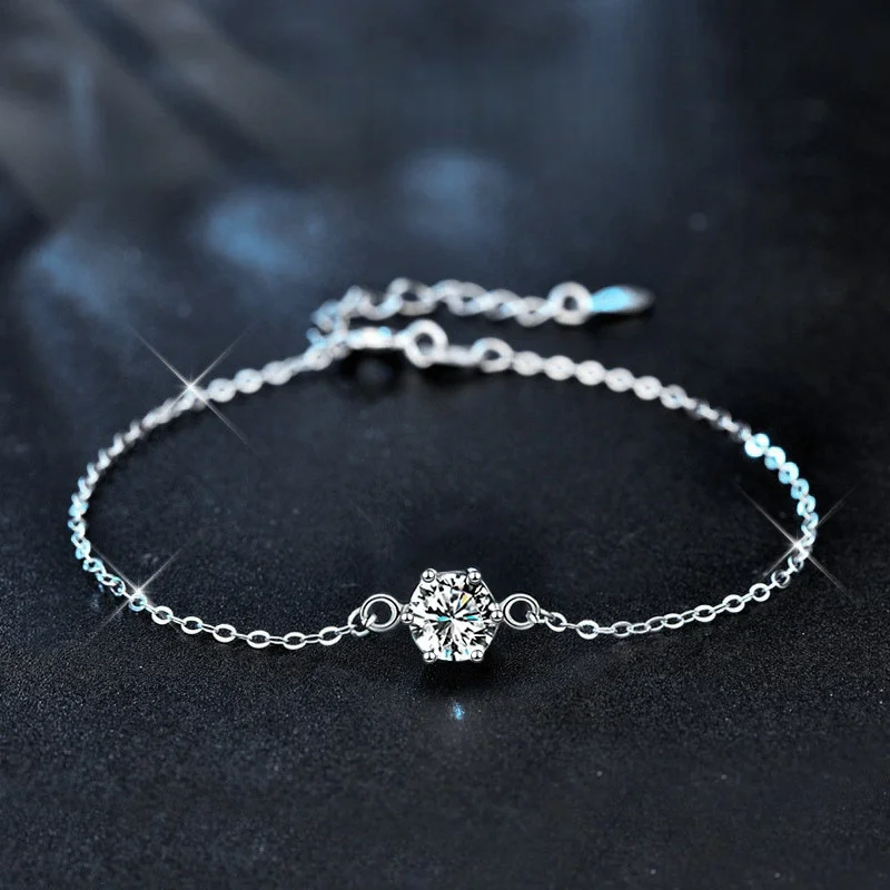 Solitaire Round Moissanite Dainty Bracelet 925 Sterling Silver GRA Certified Adjustable Minimalist Gift for Women