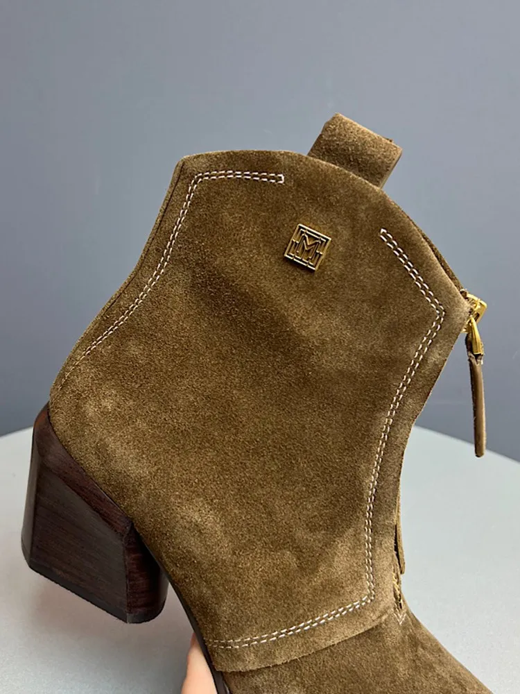 British Style New Female Square Toe Zipper Cow Suede Leather Pointed Toe Handmade Ankle Boots Lady Fashion Comfortable Footwear