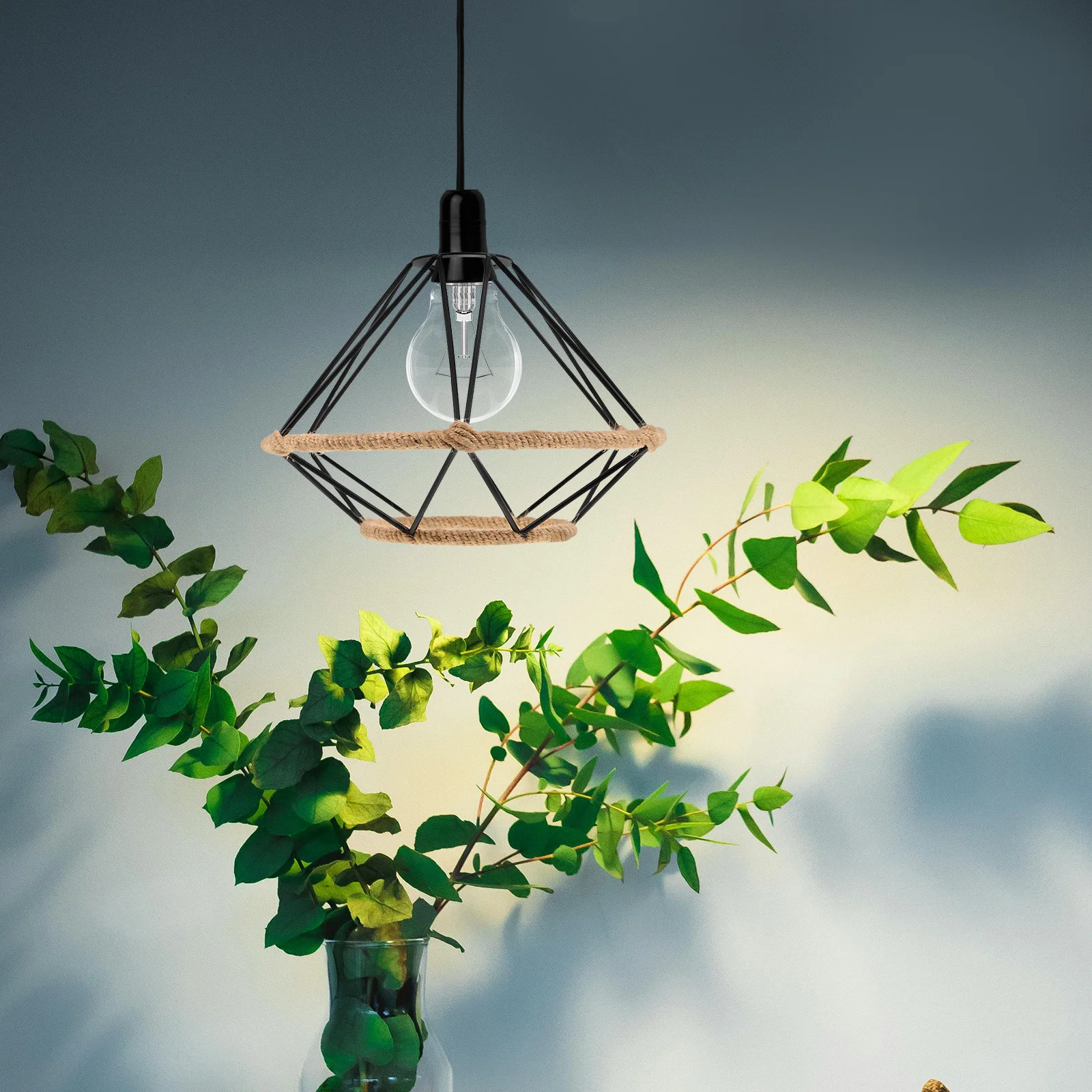 

Hollow Out Jute Rope Woven Lampshade Industrial Metal Ceiling Light Shade For Restaurant Café Bar Heat Resistant Pendant