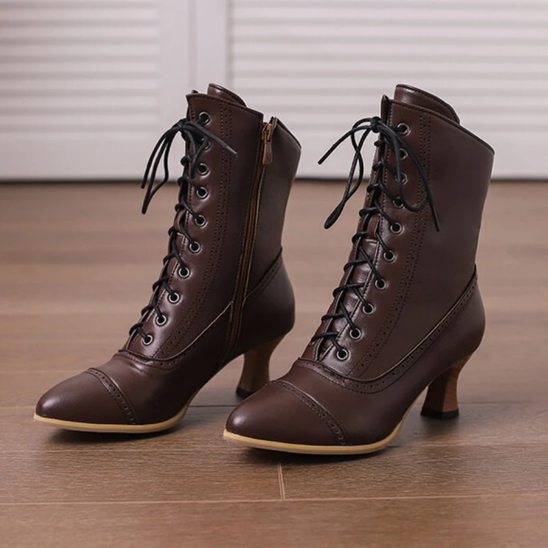 Retro Cross Lace Up Pointed Toe Ankle Boots for Women British Style Noble Knight Short Boots Ladies Chunky Low Heel Shoe Botines