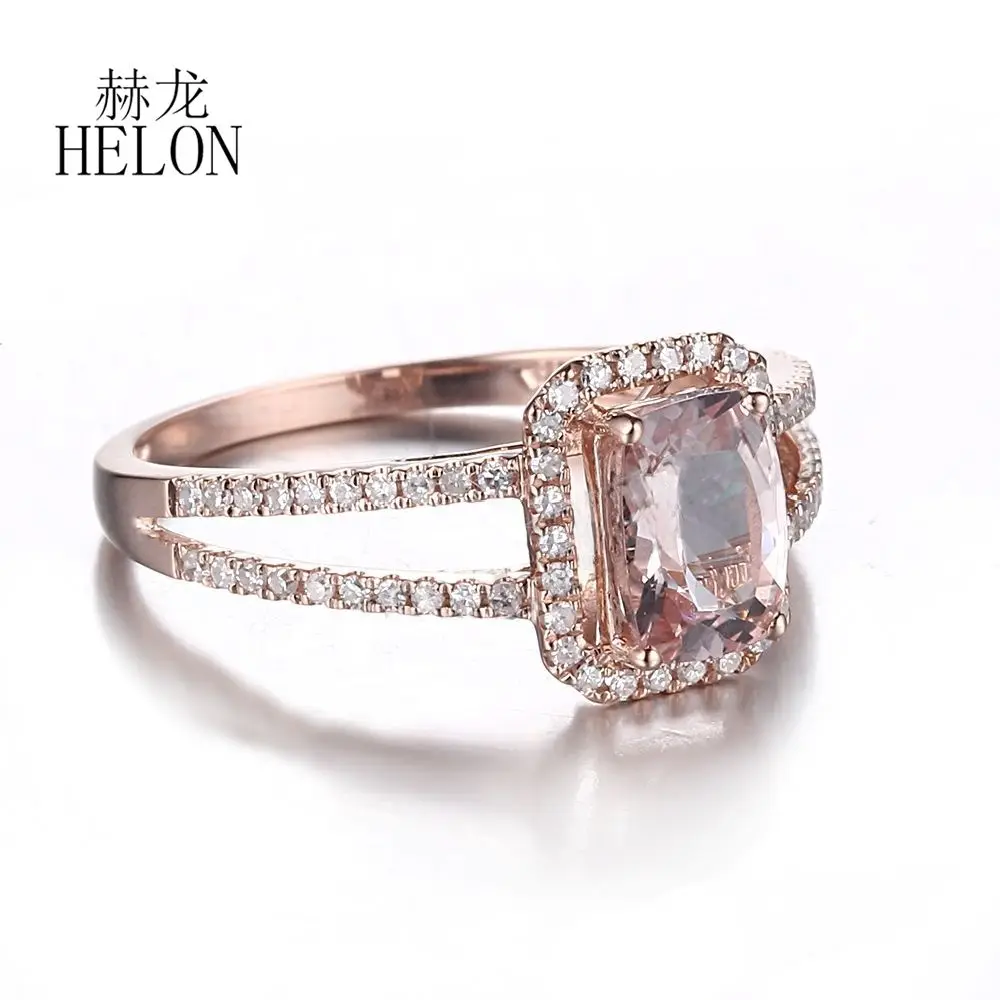 HELON Solid 14K Rose Gold Cushion Cut 7X5mm Natural Morganite Diamond Engagement Ring Women Wedding Band Anniversary Bridal Gift