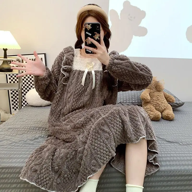 

Женская ночная рубашка, длинное платье в стиле принцессы, фланелевое зимнее платье с длинными рукавами для девочек, теплое плотное длинное платье, свободная домашняя одежда, одежда для сна