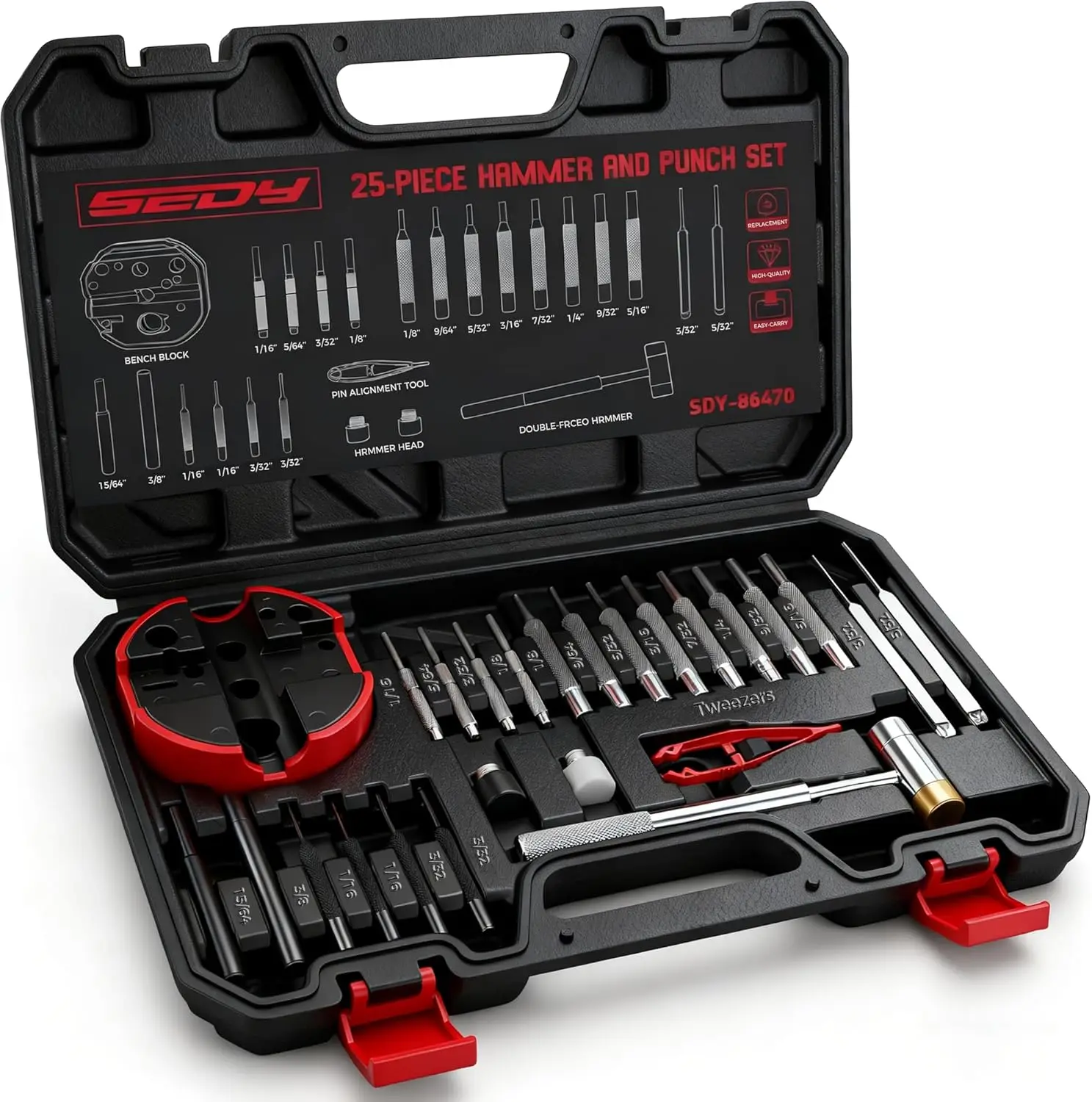 

25-Piece Pin Punch Set with Hammer & Bench Block, Replaceable Face Steel Punches for Mechanical Repair