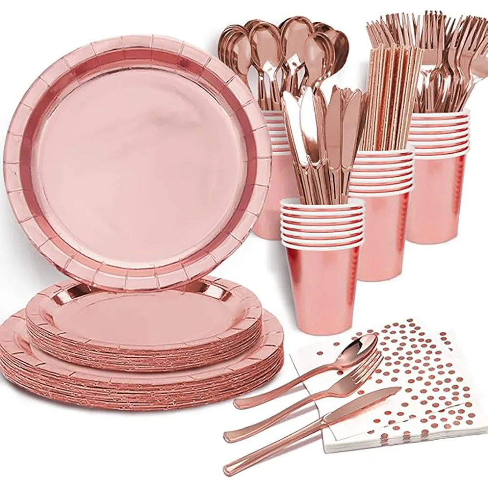 

Rose Gold Tableware Set 76 Pieces, Elegant Metallic Finish Dinnerware Set for Party Wedding Banquet, Reusable Design Compatible