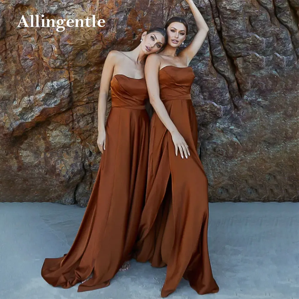 

Brown Strapless Satin Bridesmaid Dresses for Women Elegant Wedding Guest Dress Long A-Line Formal Prom Evening Gowns Customized