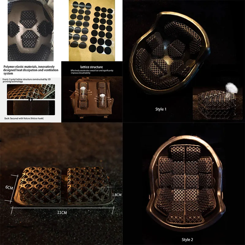 แผ่นรองเสื้อกั๊กยุทธวิธีลายตารางสามมิติ, แผ่นรองหมวกนิรภัย, แผ่นระบายอากาศ, ภายในที่นุ่มสบายสำหรับการฝึกซ้อมและล่าสัตว์ในช่วงฤดูร้อน