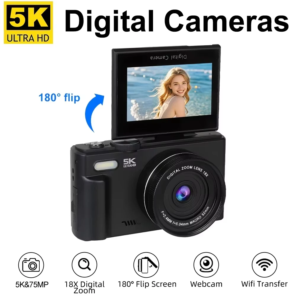 5K Compact Digital Photography Camera 18X Digital Zoom Vintage Vlog Travel  Video Recorder 180° Flip Screen Selfile With Flash