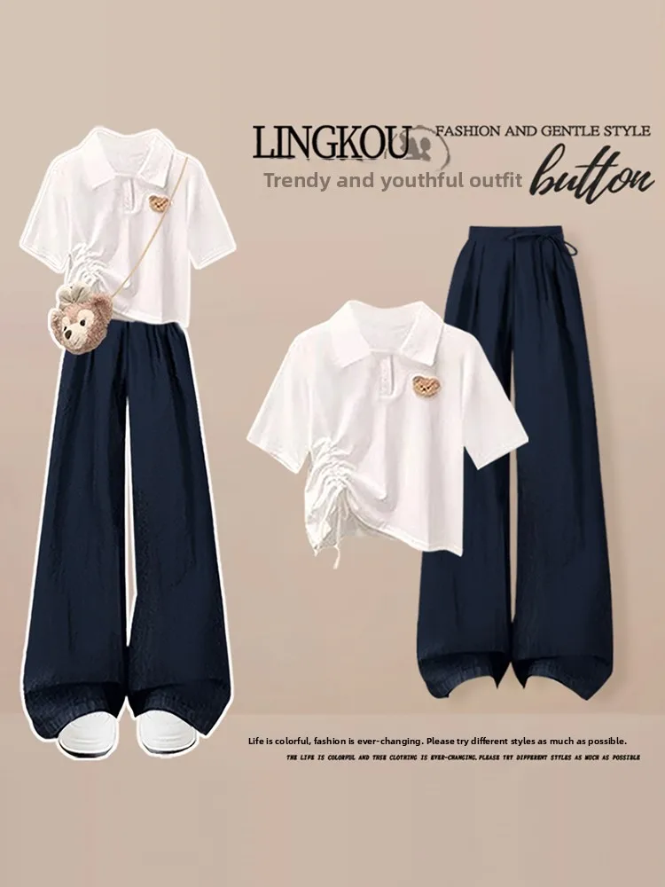 

Fashionable Large Size Neck Two-Piece Set Casual Summer T-Shirt And Yamamoto Pants Ensemble for Women Short Sleeve