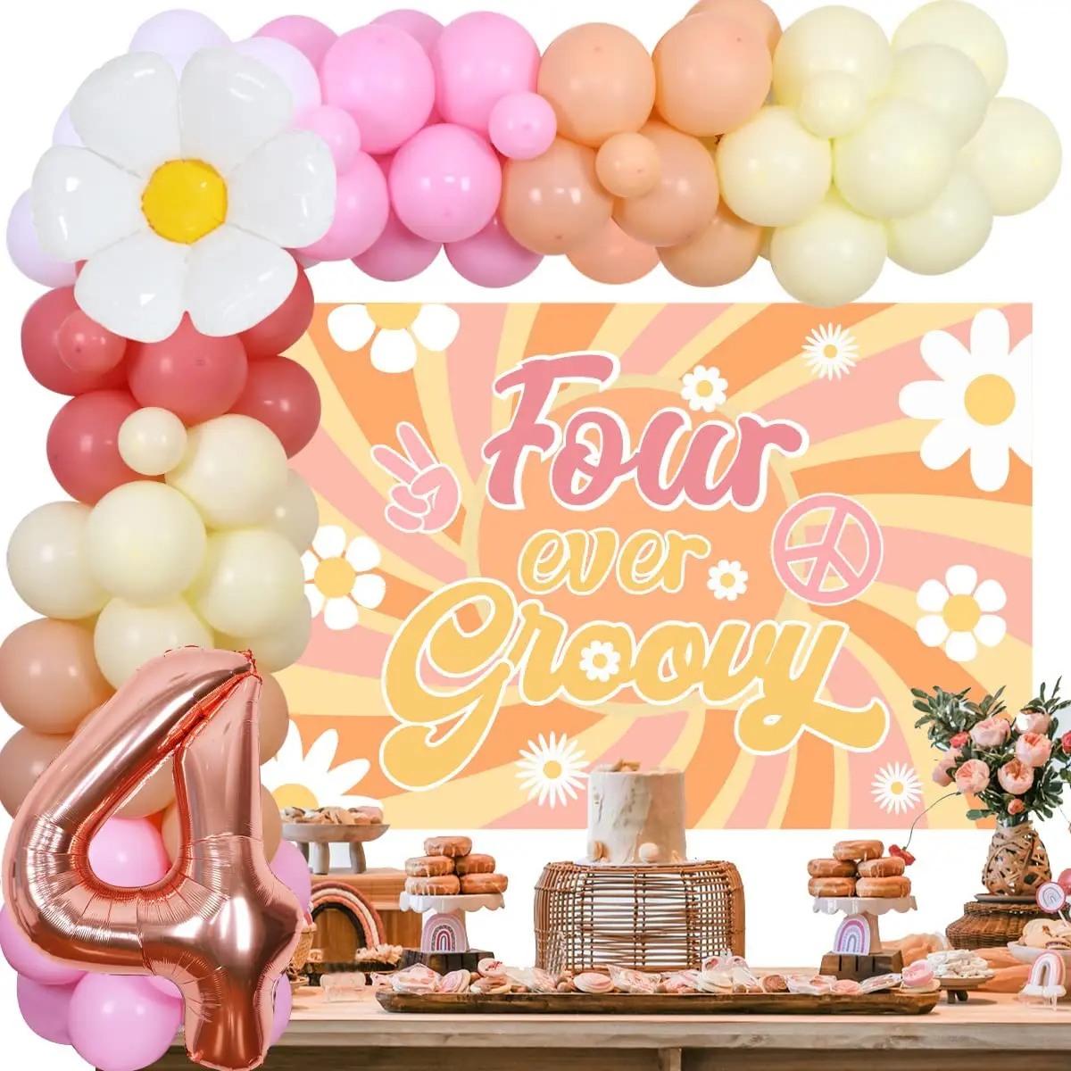 

Boho Birthday Decorations, Daisy Flower Balloon, Garland Kit for Girls, Boho Hippie Party Supplies, 4 Ever Groovy Backdrop