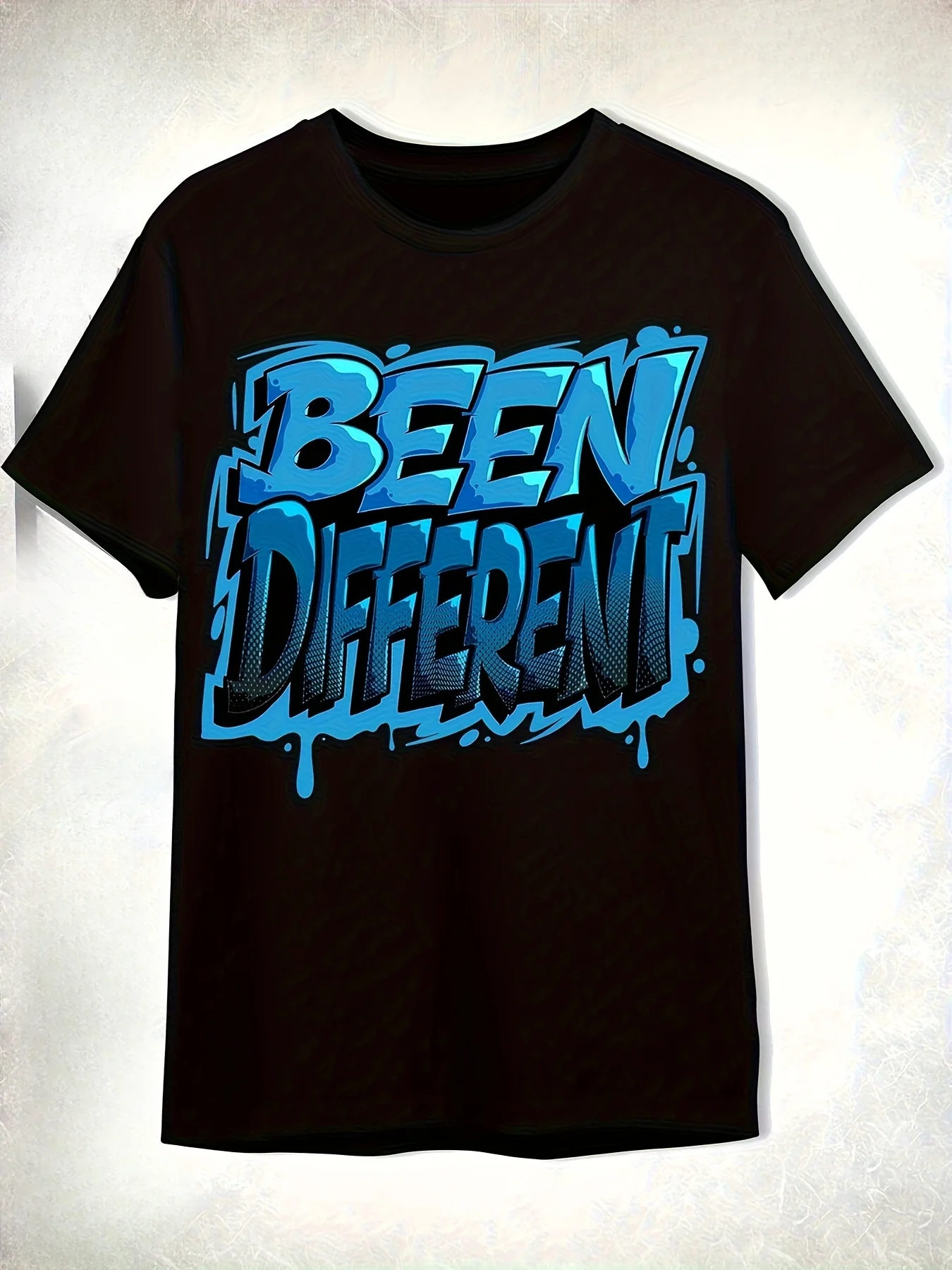 Men's Been Different Graffiti Drip TShirt Turquoise Blue & Black Urban Streetwear Tee with White & Blue Paint Splatter Design BEEN DIFFERENT Slogan Round Neck Casual Shirt for Casual TtireCasual Summer Short-sleeved T-shirt with Printed Design