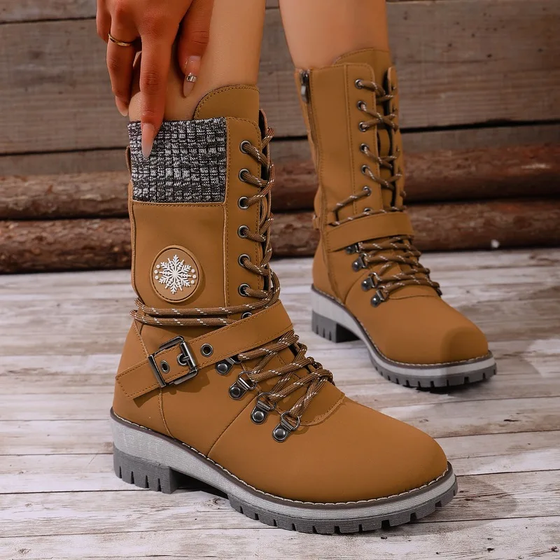 

Non-slip Mid-tube Boots Fashion Round Toe Lace-up Front Platform Non-slip Wear-resistant Block Heel Shoes