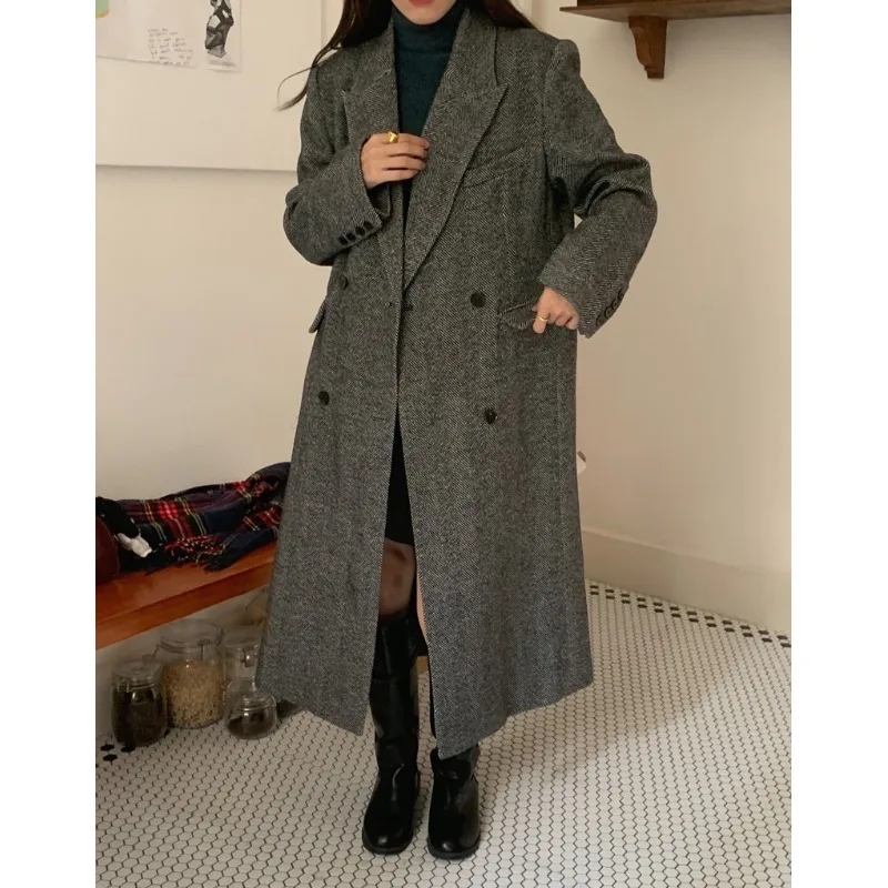 

Retro Herringbone Tweed Suit Jaet Double Breasted Medium Length Woolen Coat Korean Sle Regular Fit Medium Softn for Women
