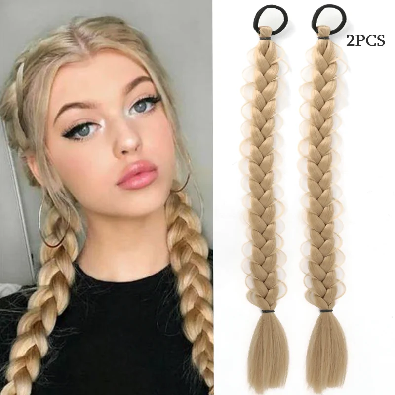 

LUPU 2PCS Braided Long Ponytail Extensions With Elastic Band Hair Synthetic Fiber 24Inch Blonde Braids PonyTail Hair Accessories
