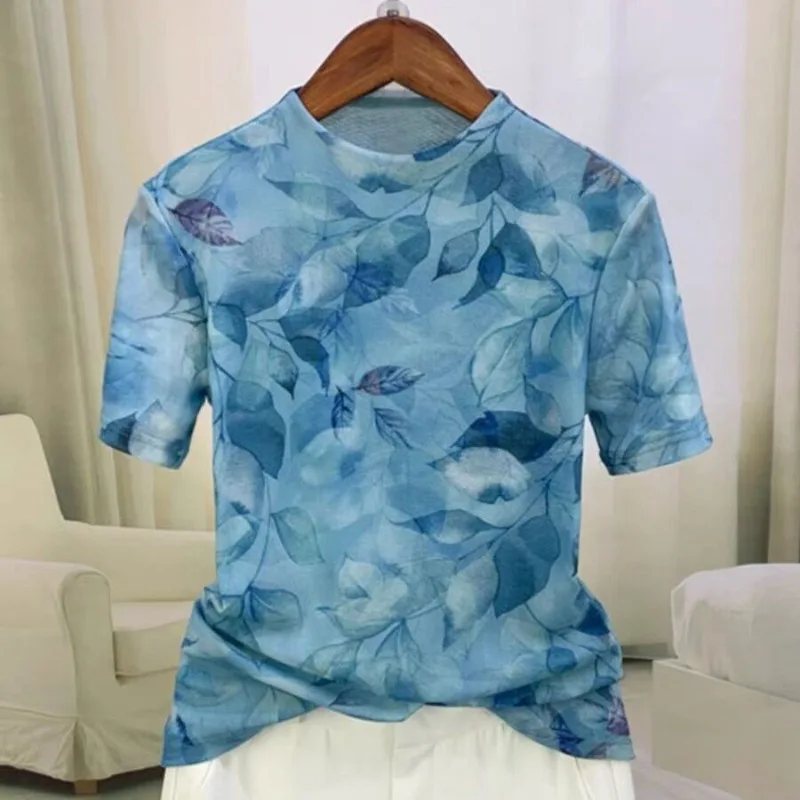 

2024 Summer New Fashion Women's Printed Tie Dye Spliced Double Layer Gauze Round Neck Short Sleeve Slim Versatile T-shirts Tops