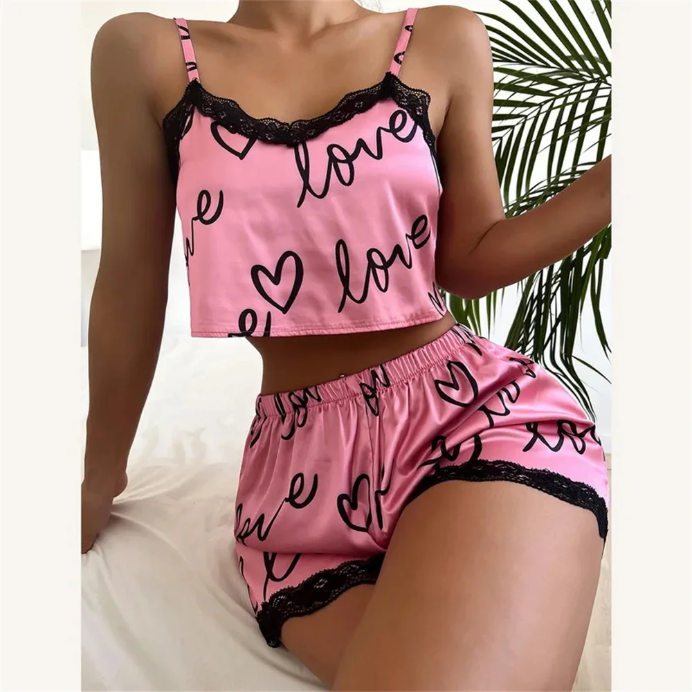 2 Pieces Set Women\'S Pajama Shorts Suit Homewear Print Underwear Pijama Sexy Lingerie Camisoles Tanks Nighty Ladies Sleepwear