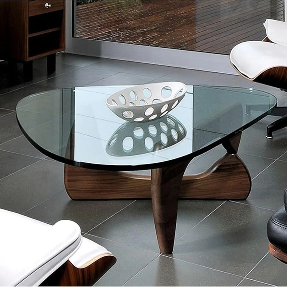Living Room Coffee Table - Triangular Glass Coffee Table with Wooden Base, Mid-Century Modern Style for Study, Office, Hotel Bal