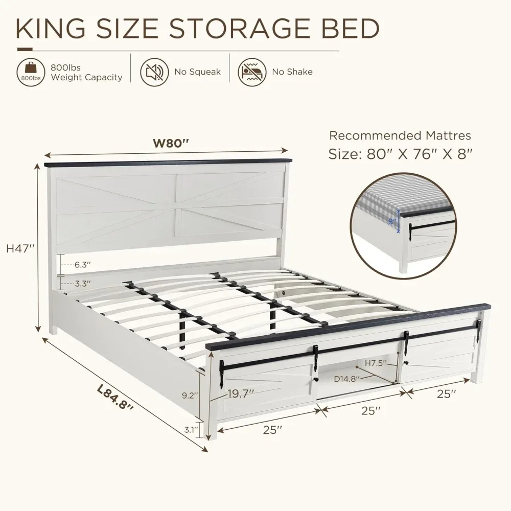 King Farmhouse Wood Bed Frame with Sliding Barn Door Storage Cabinets, Solid Wood Slats Support, Noiseless