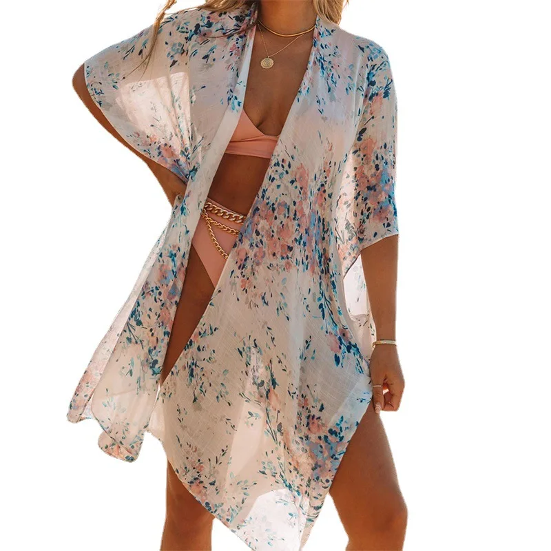 Robe de plage en mousseline de soie, vintage, imprimé, chic, sexy, fente, col en v, mini robe d'été, pour la plage, les vacances