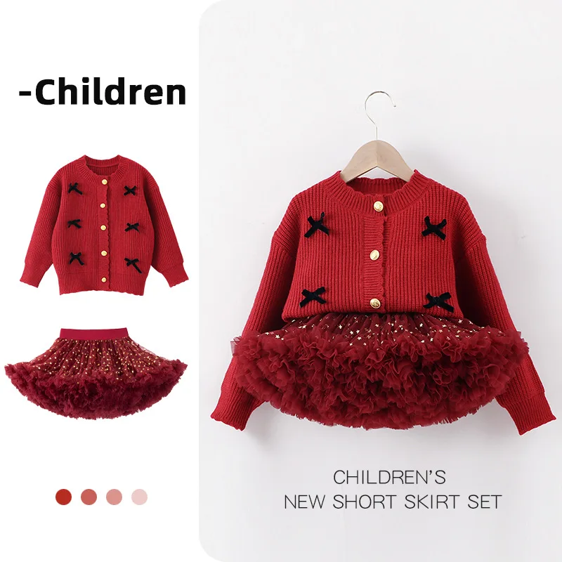 Christmas Girls Clothes Set Thicken Sweater and Tutu Skirt 2024 New Baby Girl Red Bow Knitted Sweater Children New Year Clothing