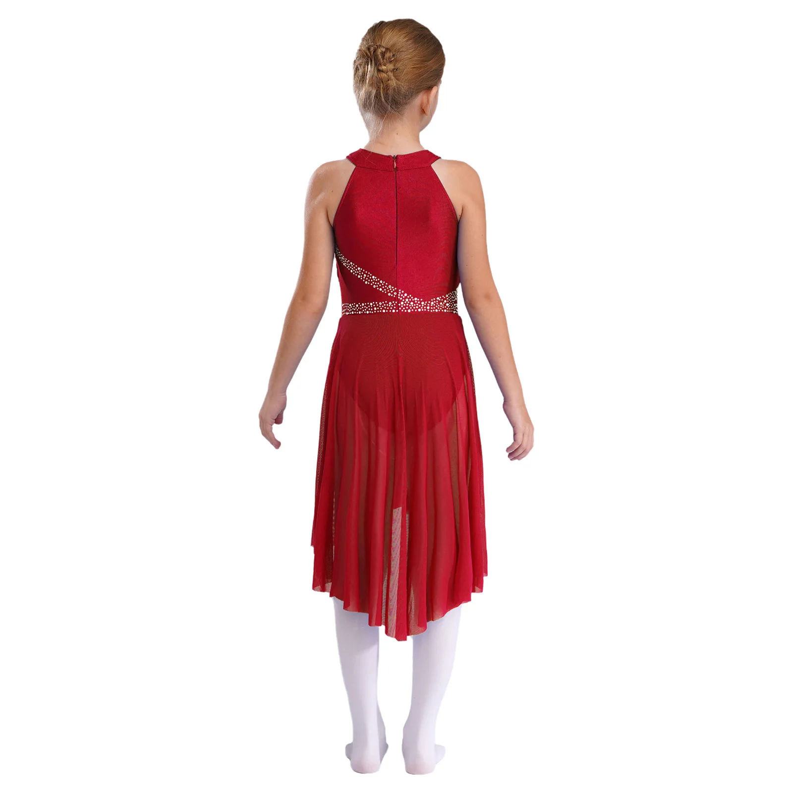 Baju dansa anak perempuan, baju tari kontemporer Modern Ruched High-Low Tulle Leotard balet senam Figure Skating pakaian dansa