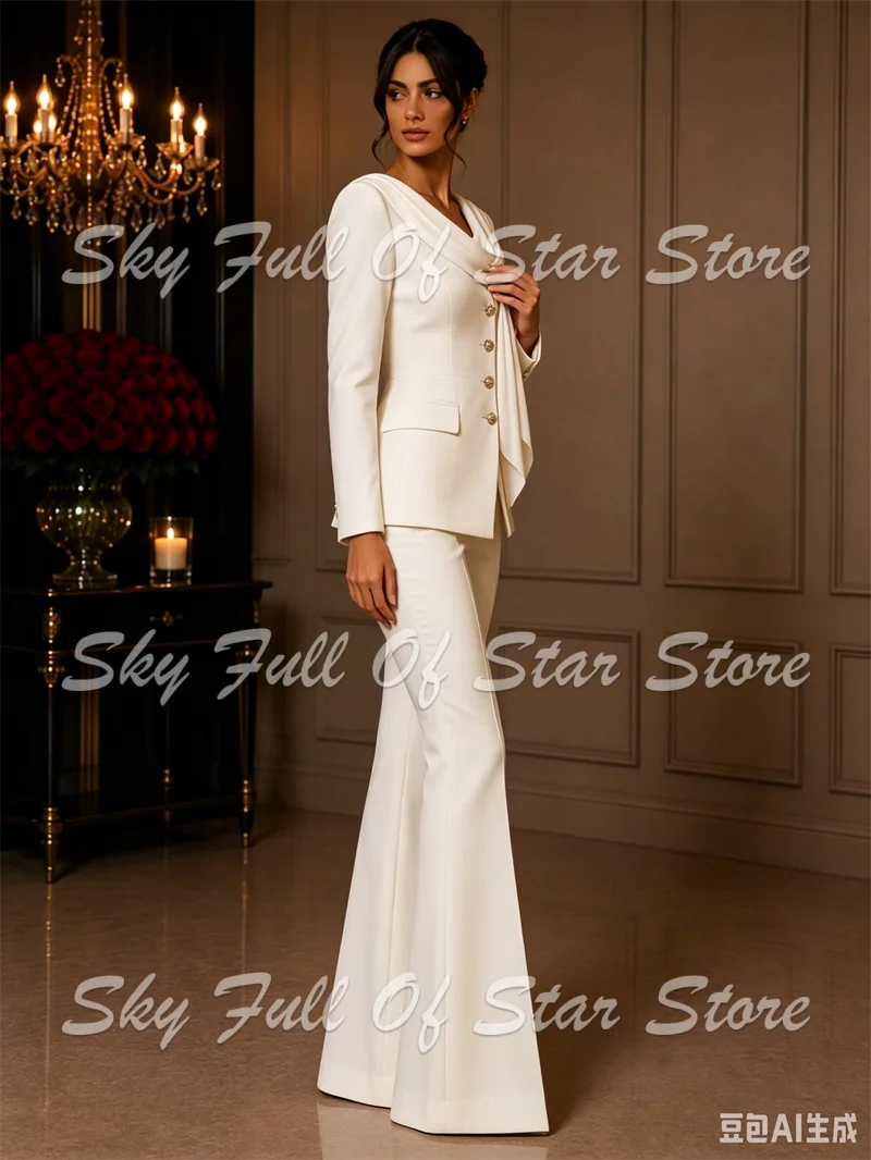 Ivory Women Suit Set 2 Pcs Draped Neck Collar Slim Blazer & Flare Pants Custom Formal Evening Party Wedding Guest Lady Jacket