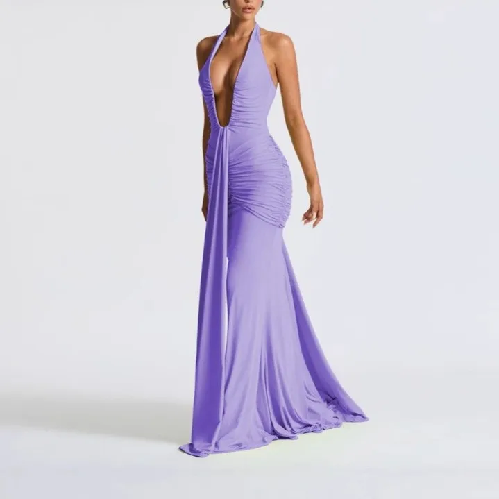 Backless Halter Neck Dress with Off Shoulder Neckline and High Waist Silhouette Slim Fit Streetwear Style Women Dress Summer