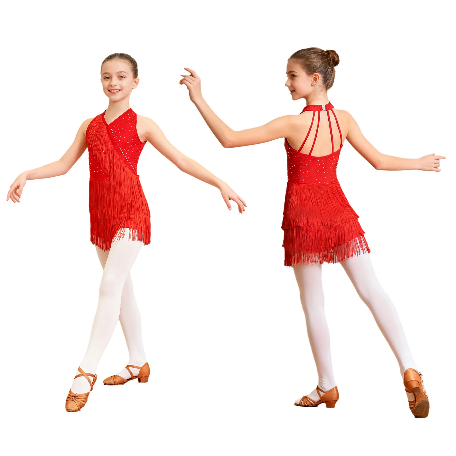 

Детский костюм для латиноамериканских танцев (джаз, танго, ча-ча) для девочек: блестящее платье с бахромой и стразами, танцевальный купальник для бальных танцев (самба, сальса)