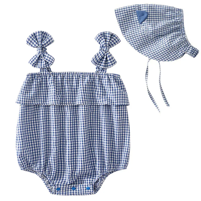 

Летнее боди из 2 предметов для новорожденных, корейский милый клетчатый комбинезон без рукавов с бантом, хлопковые комбинезоны принцессы для девочек, эксклюзивная одежда для малышей B117