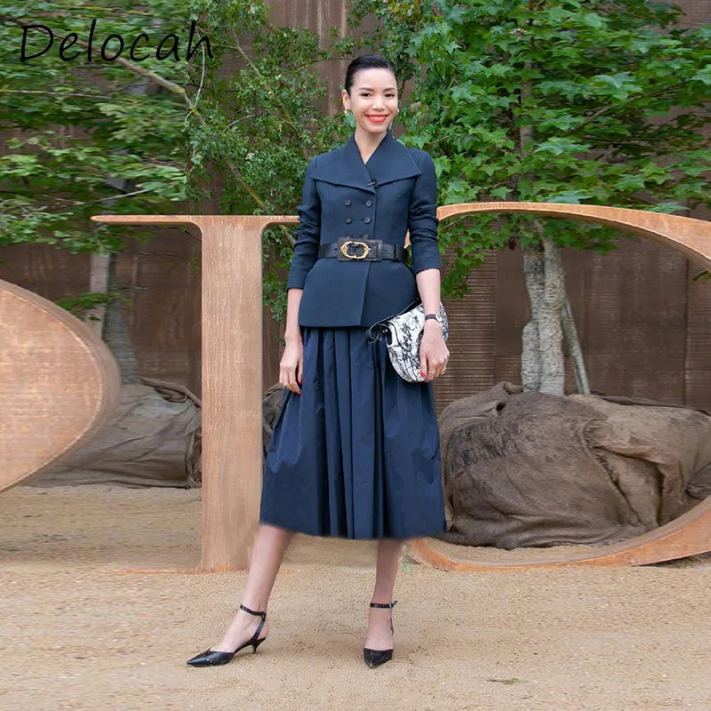 

Deloach Fashion Women's Wear Design Big Collar Double Row Buckle Long Sleeve Suit Coat Deep Swing Half Skirt Deep Blue Set ﻿