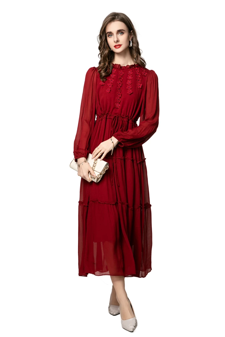 女性のドレス O ネック長袖花柄アップリケエレガントなファッションデザイナーパーティードレス Vestidos