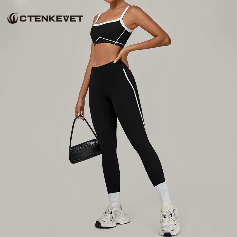 

Ctenkevet2Pcs Sport Outfit For Woman Gym Backless Top Suit Contrast Color Female Yoga Set Women High Waist Legging Two-Piece Set