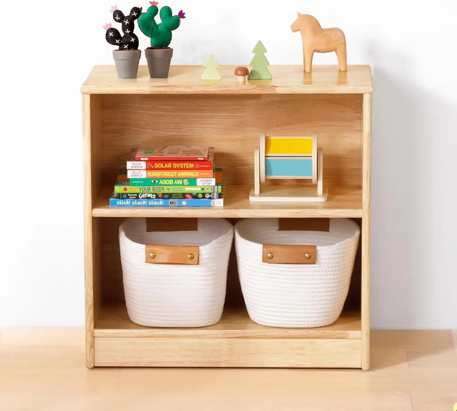 Holz-Montessori-Regal und Spielzeugaufbewahrung, 23,6" L, kompaktes Kleinkind-Bücherregal für kleine Räume, Aufbewahrungsschrank aus massivem Holz