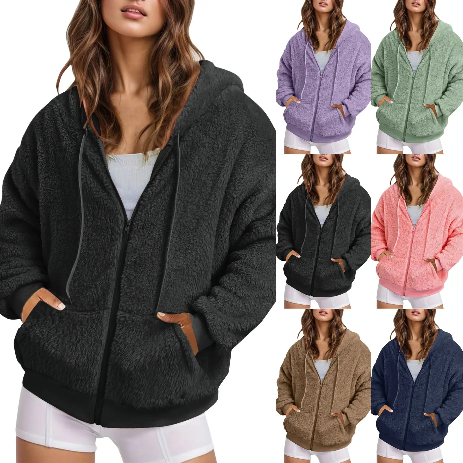 

2024 autumn and winter European and American big size women's clothing fashion loose velvet zipper top for women