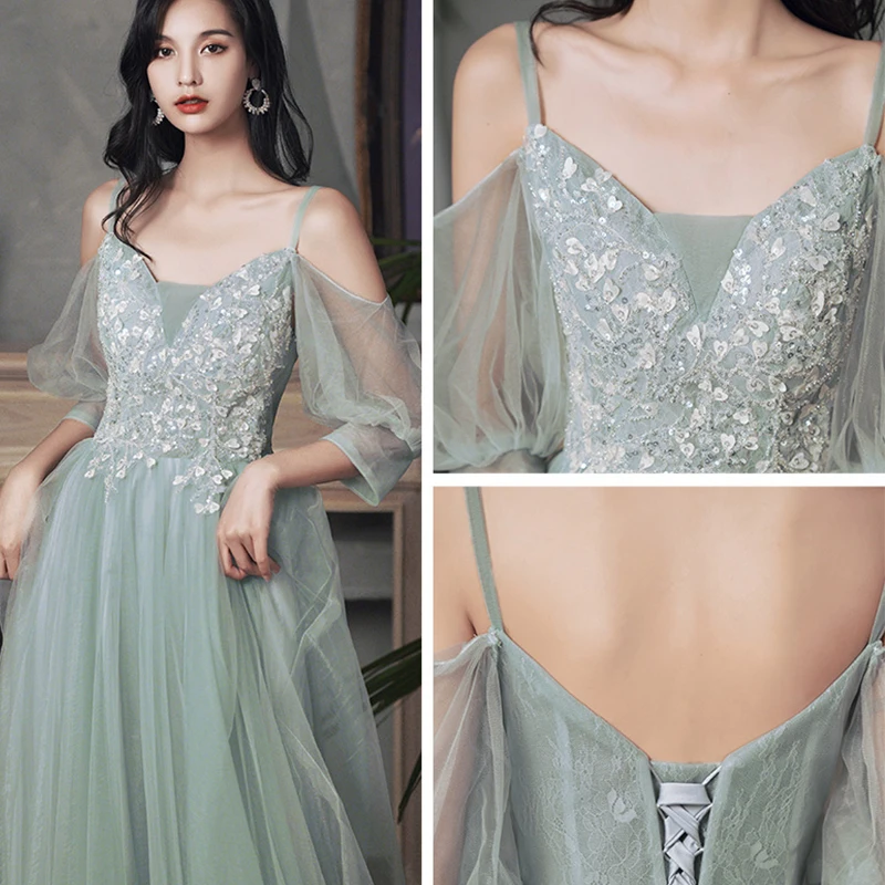 Green Long Lady Girl New Sweat Greydish Banquet Bridesmaid Women Princess Performance Dance Ball Dress Gown Free Ship