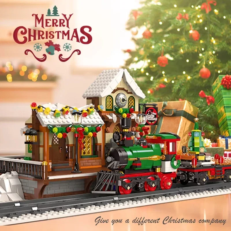 

1362pcs Christmas Train Platform Building Blocks Set Winter Railway Station Model with Light Street View Kids Assembly Toy Gift