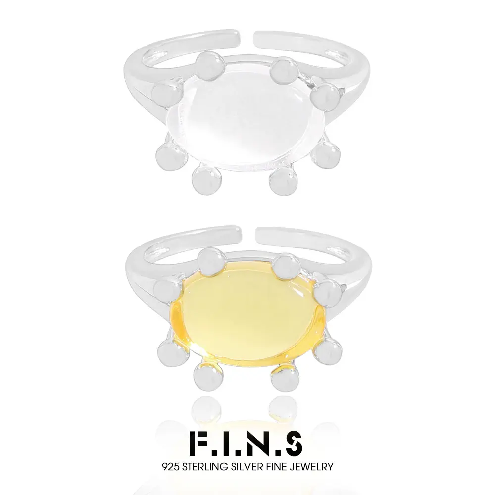 

F.I.N.S Minimalist Geometric Oval S925 Sterling Silver Rings Clear Big Yellow Glass Open Adjustable Index Mid Finger Bands Gift