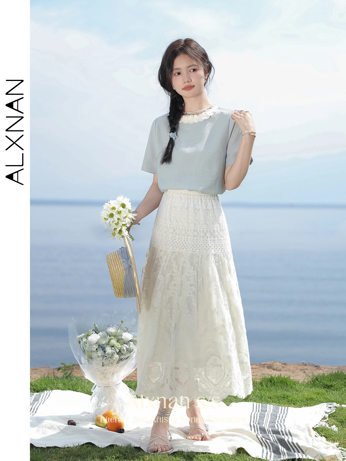 ALXNAN Dames T-shirt Elegant Zoet Casual Loose-fit Tees 2025, Zomer Kantoor Dame Ronde Hals Korte Mouw Tops L53515 L36512SY