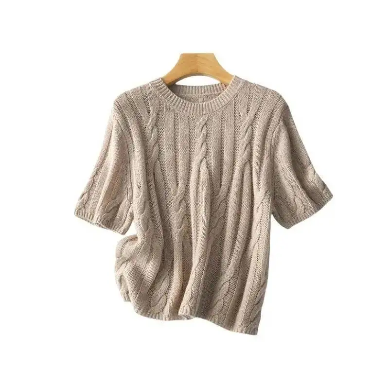 

Women Cashmere Wool Short Sleeve Twisted Sweater Spring Soft Round Neck Loose Knitted T-shirt Tops