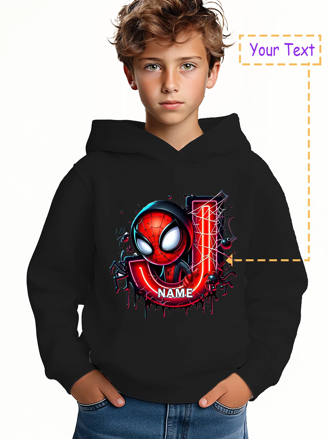 

MINISO Spider-Man Lettered Children's Hoodie - Spider-Man and personalized lettering, perfect for school and class reunions
