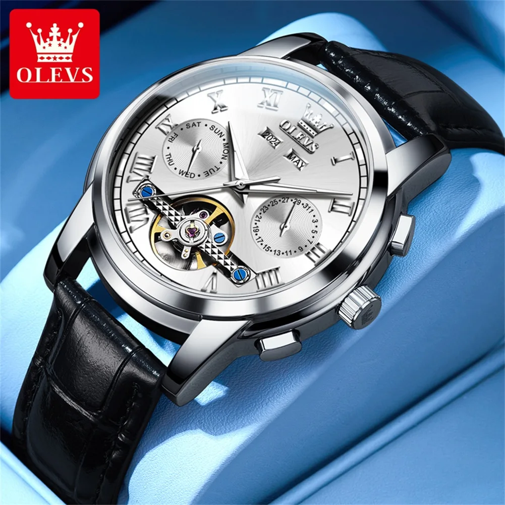 

OLEVS 6607 Classic Men's Watches Flywheel Design Luminous Waterproof Leather Strap Automatic Mechanical Watch for Men