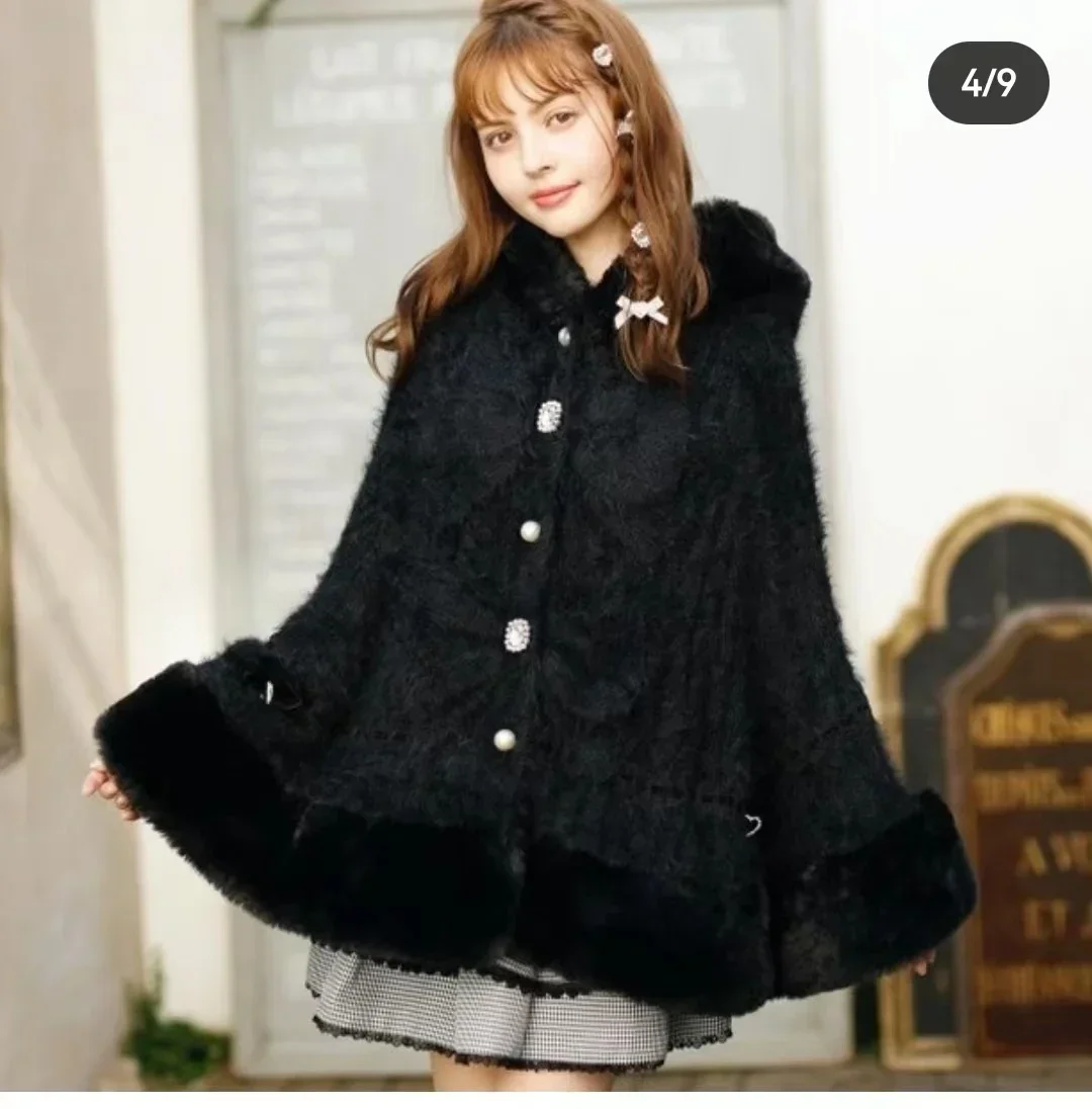 Japanese Liz Sweet Princess Faux Rabbit Fur Cape Coat Women Autumn Winter Fur Jacket Loose Clock Rhinestone Bow Hooded Coat