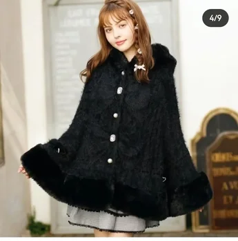Japanese Liz Sweet Princess Faux Rabbit Fur Cape Coat Women Autumn Winter Fur Jacket Loose Clock Rhinestone Bow Hooded Coat 2