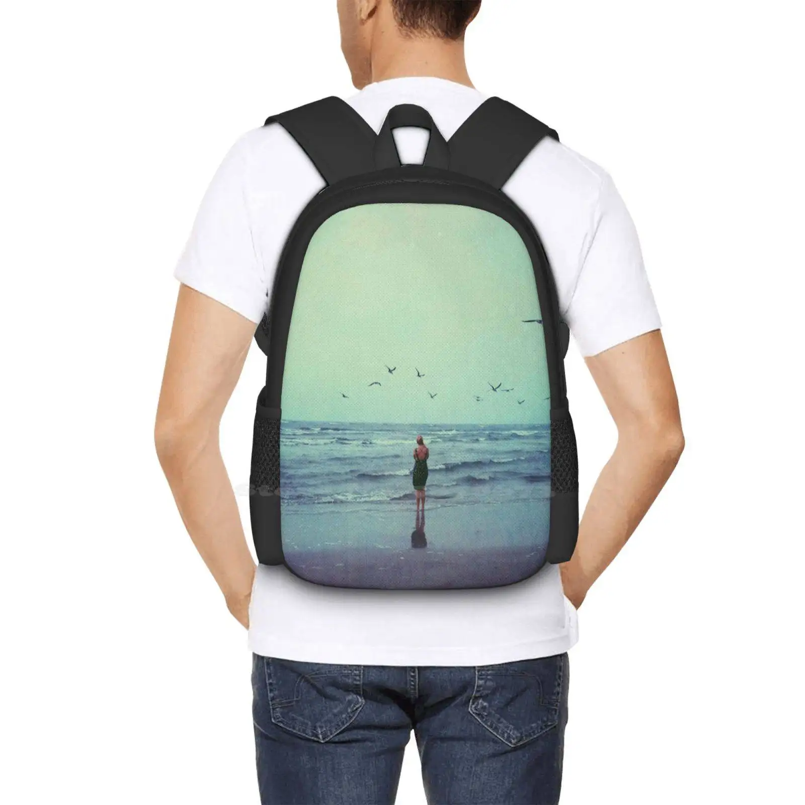 Mochila padrão de moda para as mulheres, saco de viagem, laptop, escola, praia, oceano, litoral, paisagem, mar