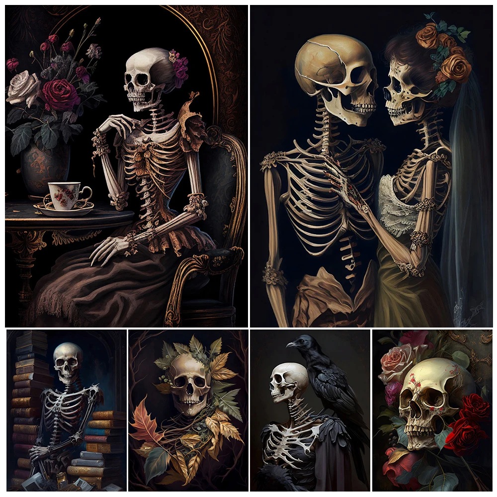 

Romantic Skeleton Couple And Skull Coffee Wall Art Canvas Painting Botanical Autumn Skeleton Portrait Art Psoter Print Decor