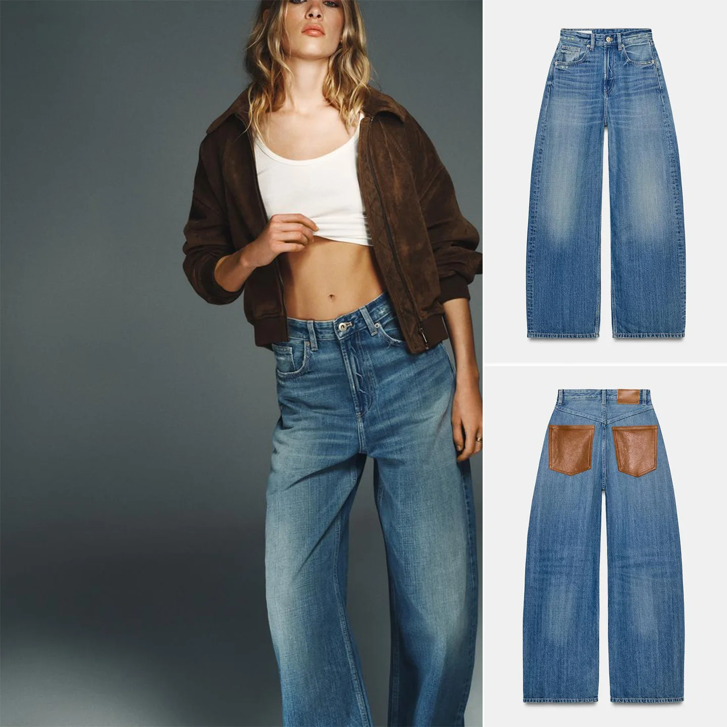 

Новые весенние модные джинсы с высокой талией и широкими штанинами из денима и кожи для женщин, повседневные, модель 52520