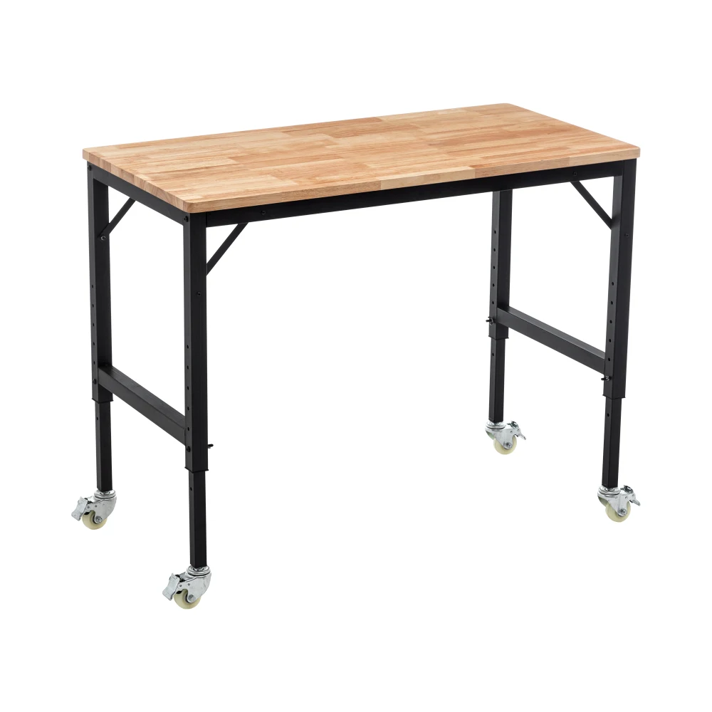 

48" Heavy-Duty Adjustable Workbench for Garage, Rubber Wood Shop Table W/Metal Wheels, Hardwood Workstation Weight Capacity