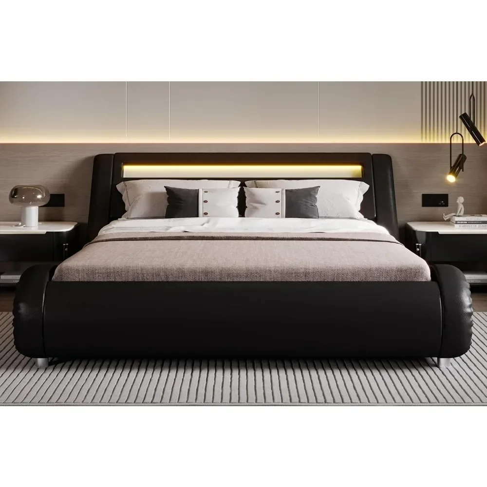 Fully padded modern bedstead with LED headboard/no spring mattress/strong plank support/easy to assemble, black